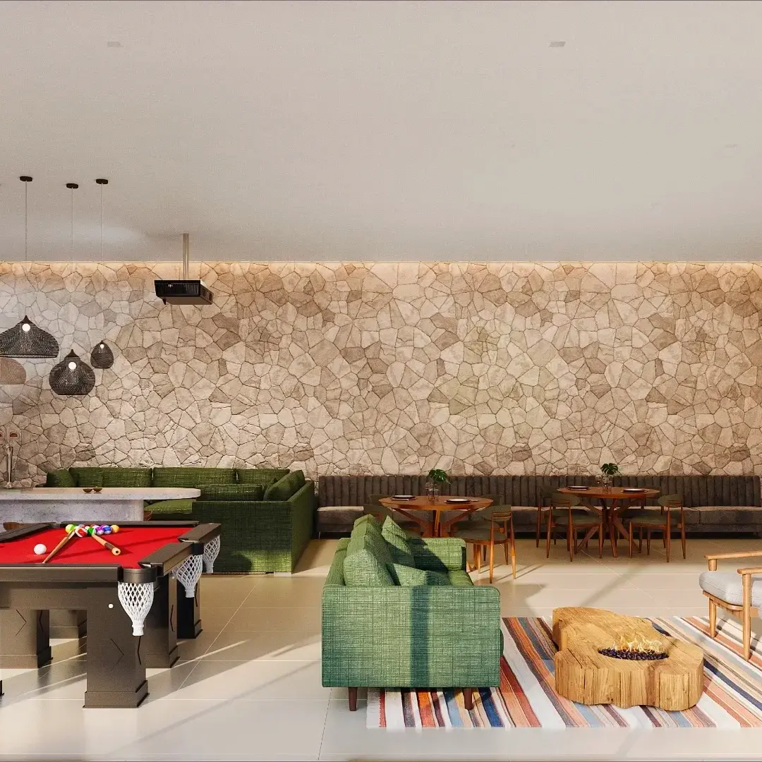 Perspectiva ilustrada do salão de festas*