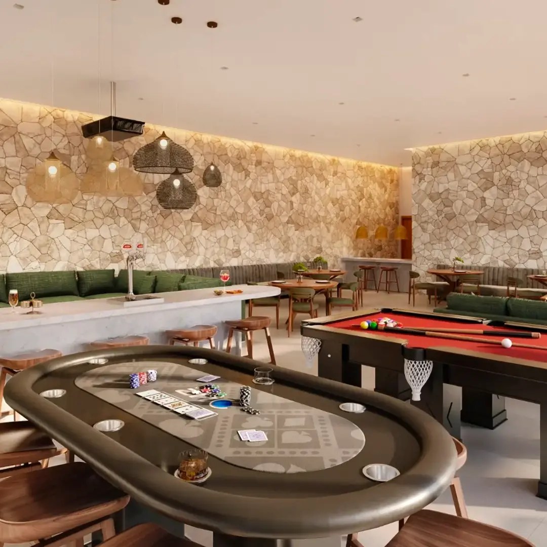 Perspectiva ilustrada do salão de jogos*